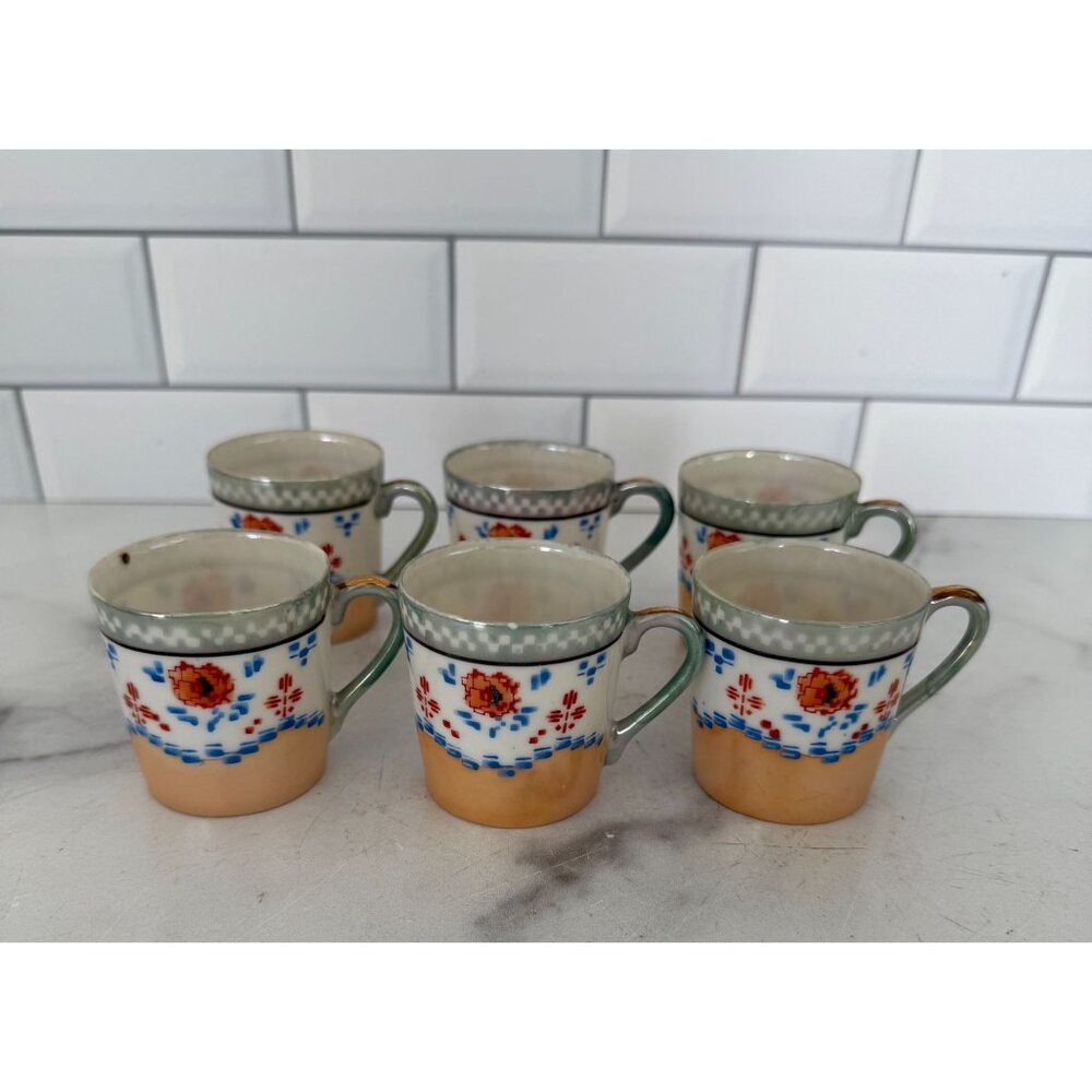 Vintage Chikaramachi Hand-Painted Floral Demitasse Cups Set Of 6 Made In Japan
